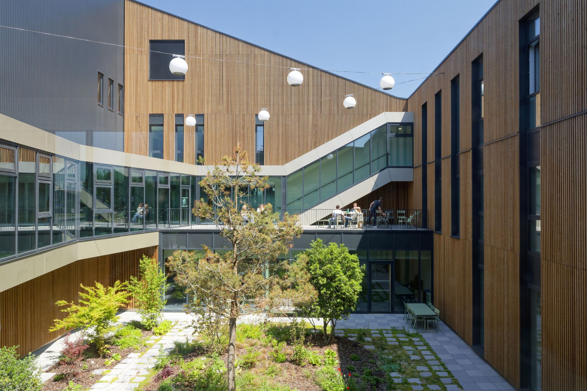 Interior courtyard with planted beds and timber-clad volumes framing a glazed upper walkway