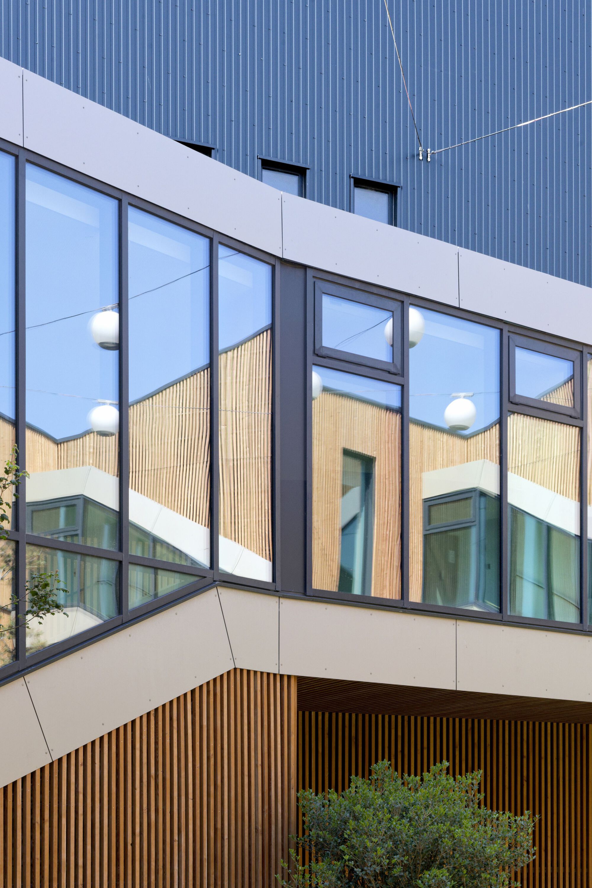 Corner detail showing reflective glass curtainwall with timber cladding visible in the mirrored surface