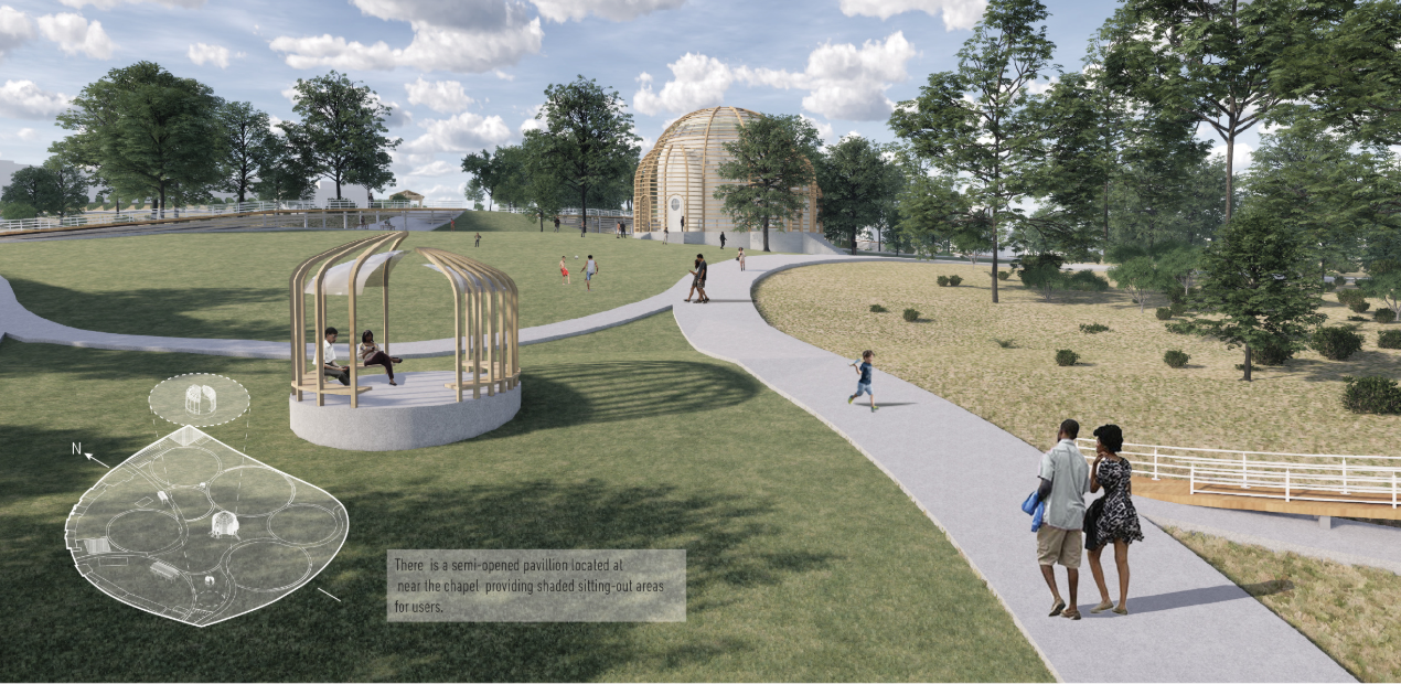 Open green space with pavilion foreground and chapel anchoring the landscape composition.