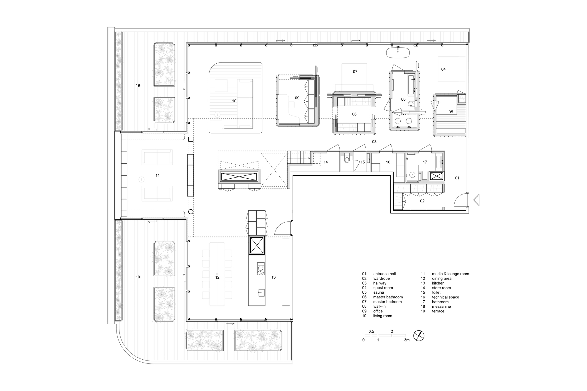 Floor plan drawing showing an open layout with living spaces, terrace, and bedroom suites
