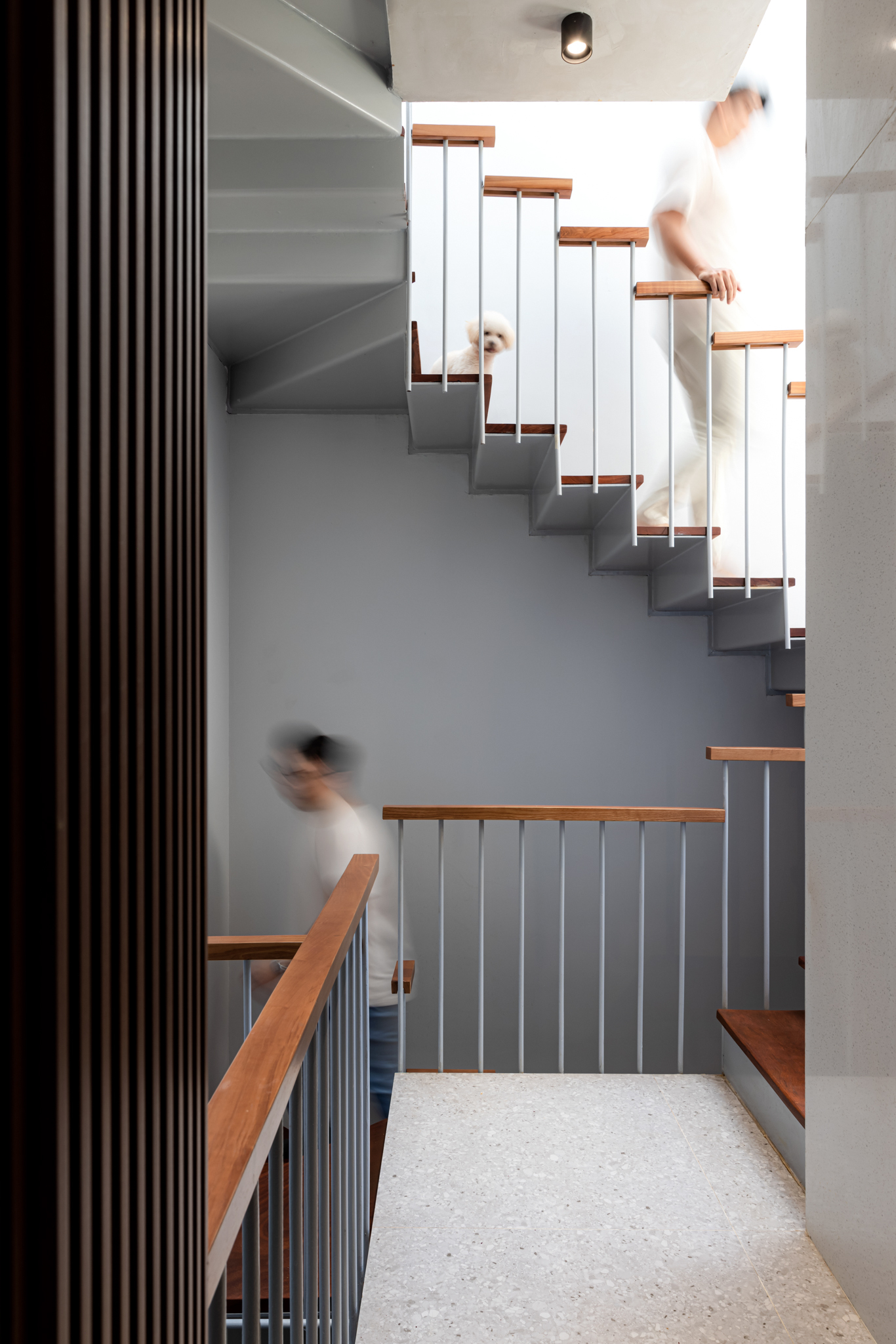 Cantilevered staircase with timber treads and vertical balustrade showing figures in motion passing through
