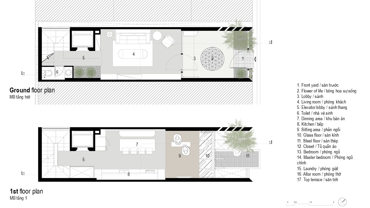 Floor plan drawings showing ground and first levels with stairwell, dining area, and terrace plantings