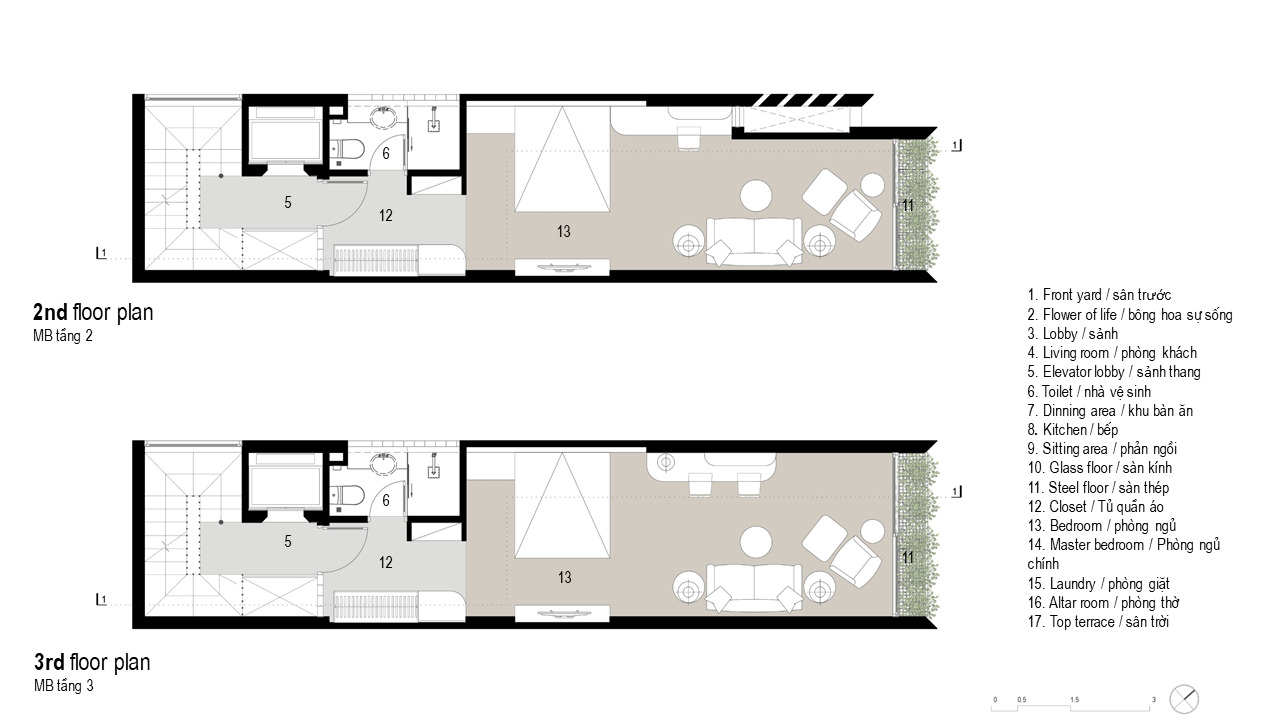 Floor plan drawings showing second and third levels with living spaces and rooftop terrace gardens