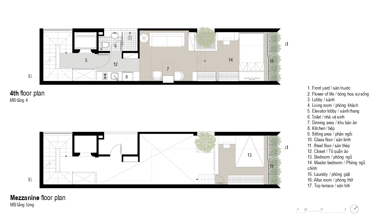 Floor plan drawings showing fourth level and mezzanine with bedroom and open terrace areas