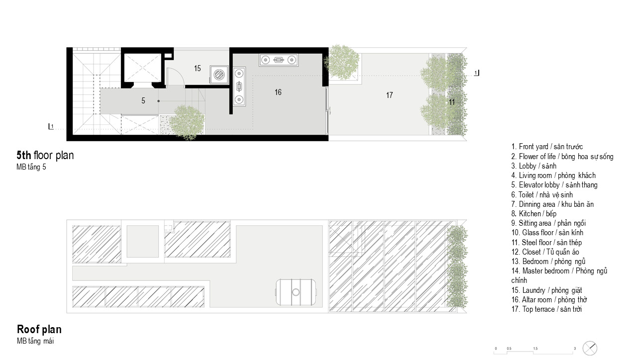 Floor plan and roof plan drawings showing fifth level with terrace and vegetated rooftop elements