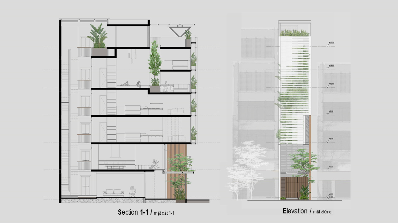 Section and elevation drawings showing five stacked floors with planted terraces and louvered facade