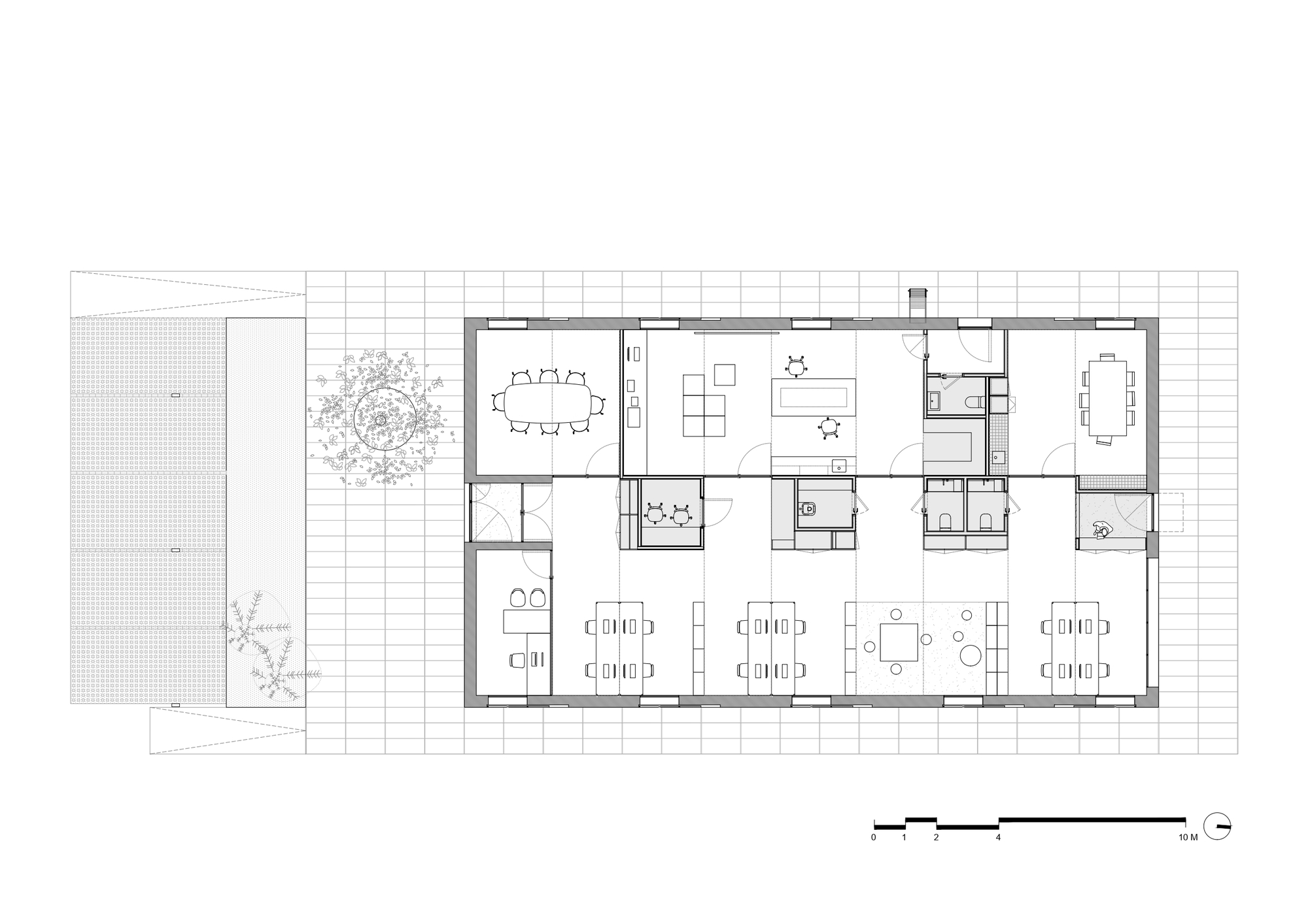 Floor plan drawing showing open workspace with multiple dining zones and courtyard tree