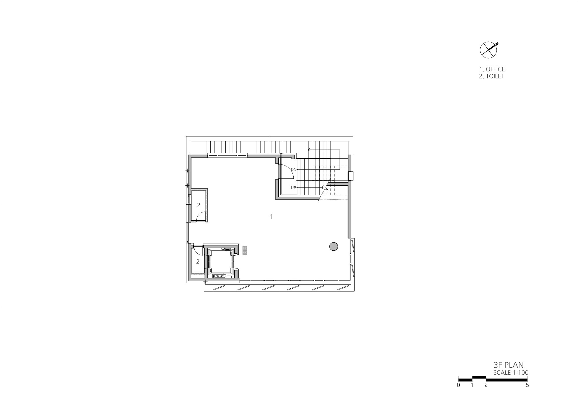 Third floor plan drawing showing open office space with corner stair and rooftop terraces