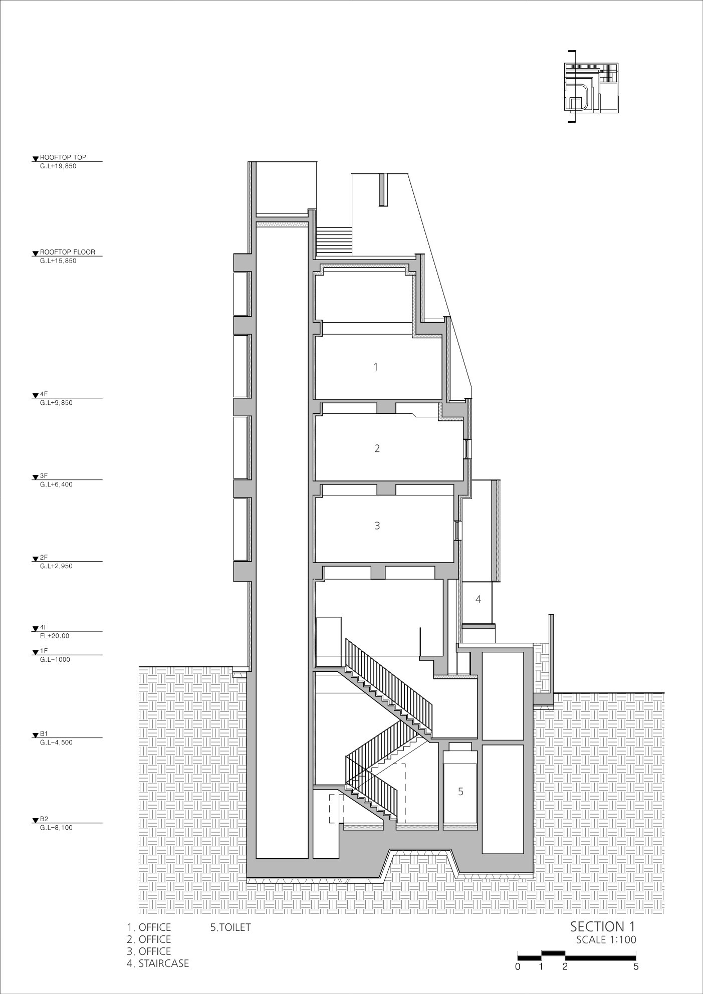 Section drawing revealing interior office spaces with central staircase and structural walls