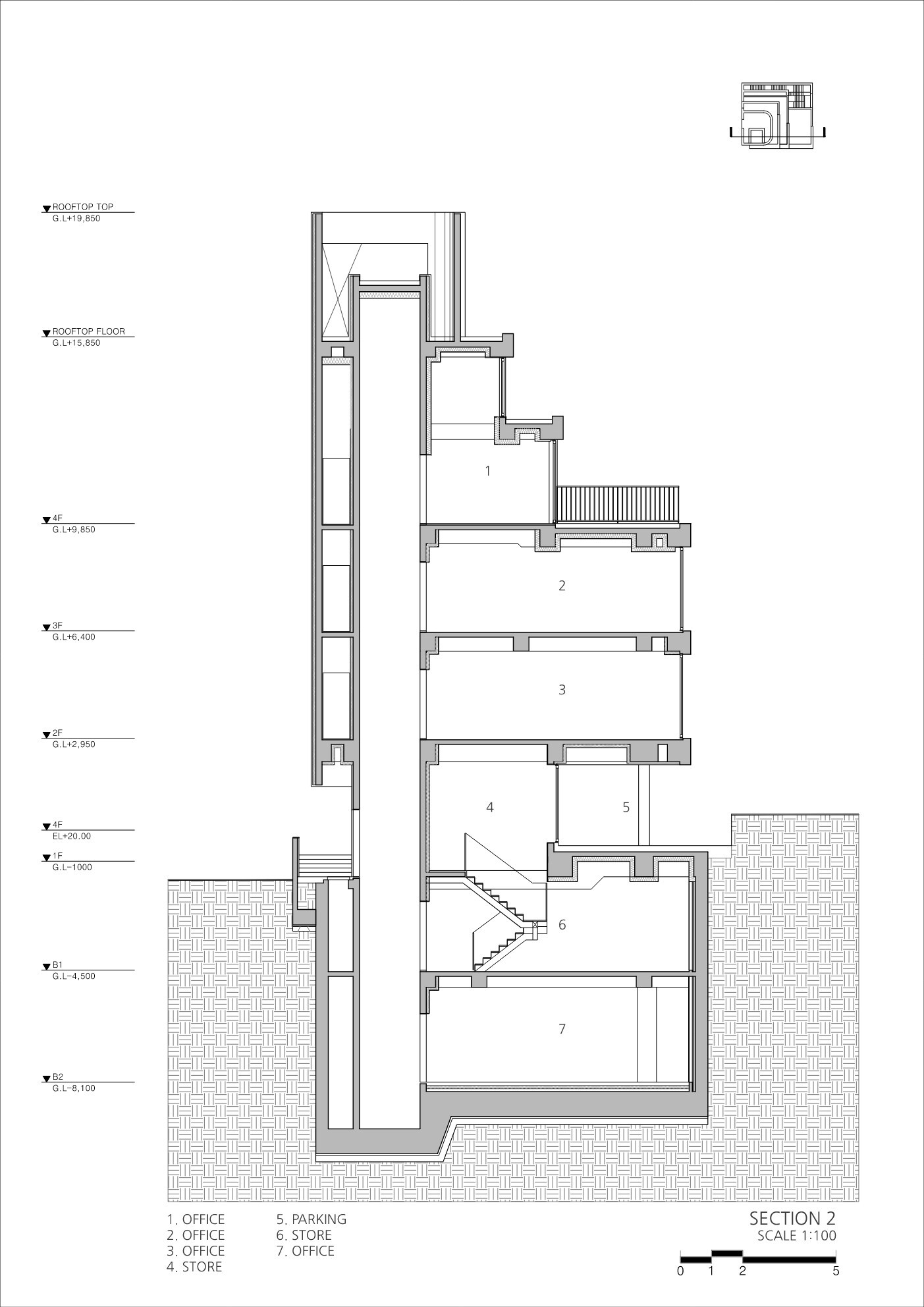 Section drawing depicting office floors with parking level and staircase connecting vertical spaces