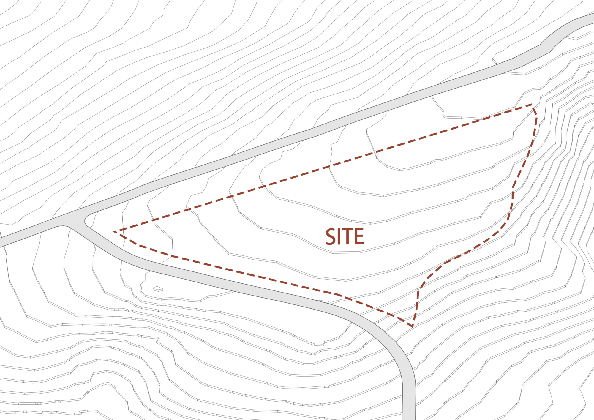 Topographic site plan drawing with contour lines indicating a sloped triangular parcel