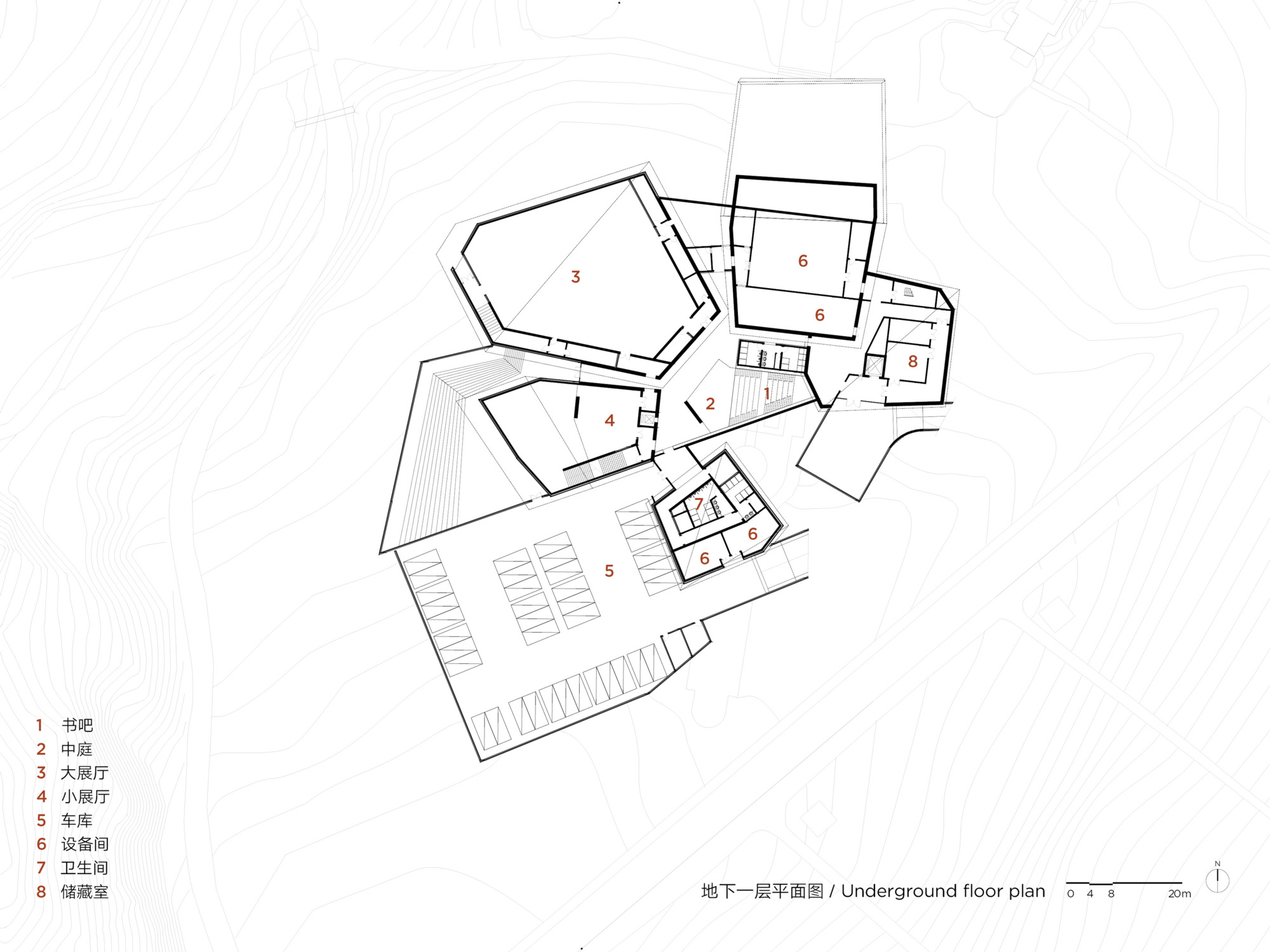 Underground floor plan drawing showing parking area and service spaces beneath angular building volumes