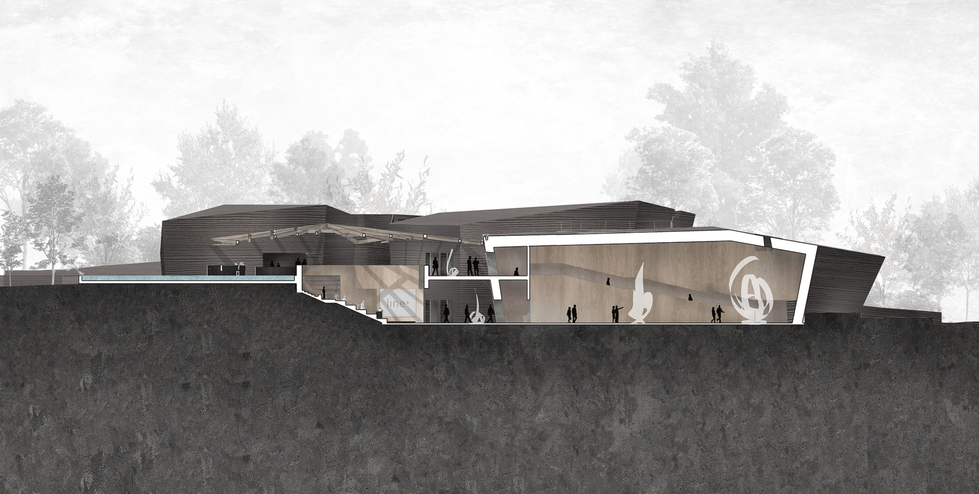 Section drawing through the multi-level interior showing figures on staircases and terraces with trees in fog above