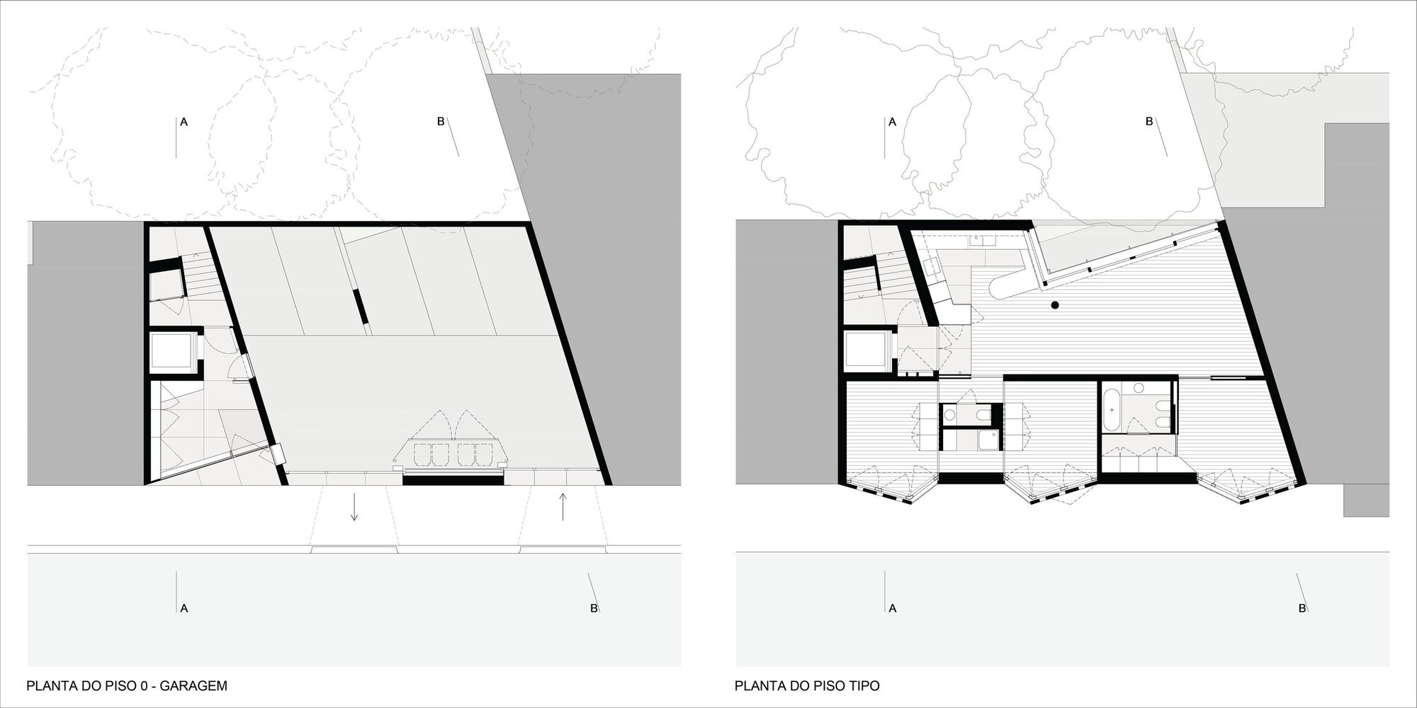 Floor plan drawings showing a ground level garage and typical floor with angled walls and surrounding trees