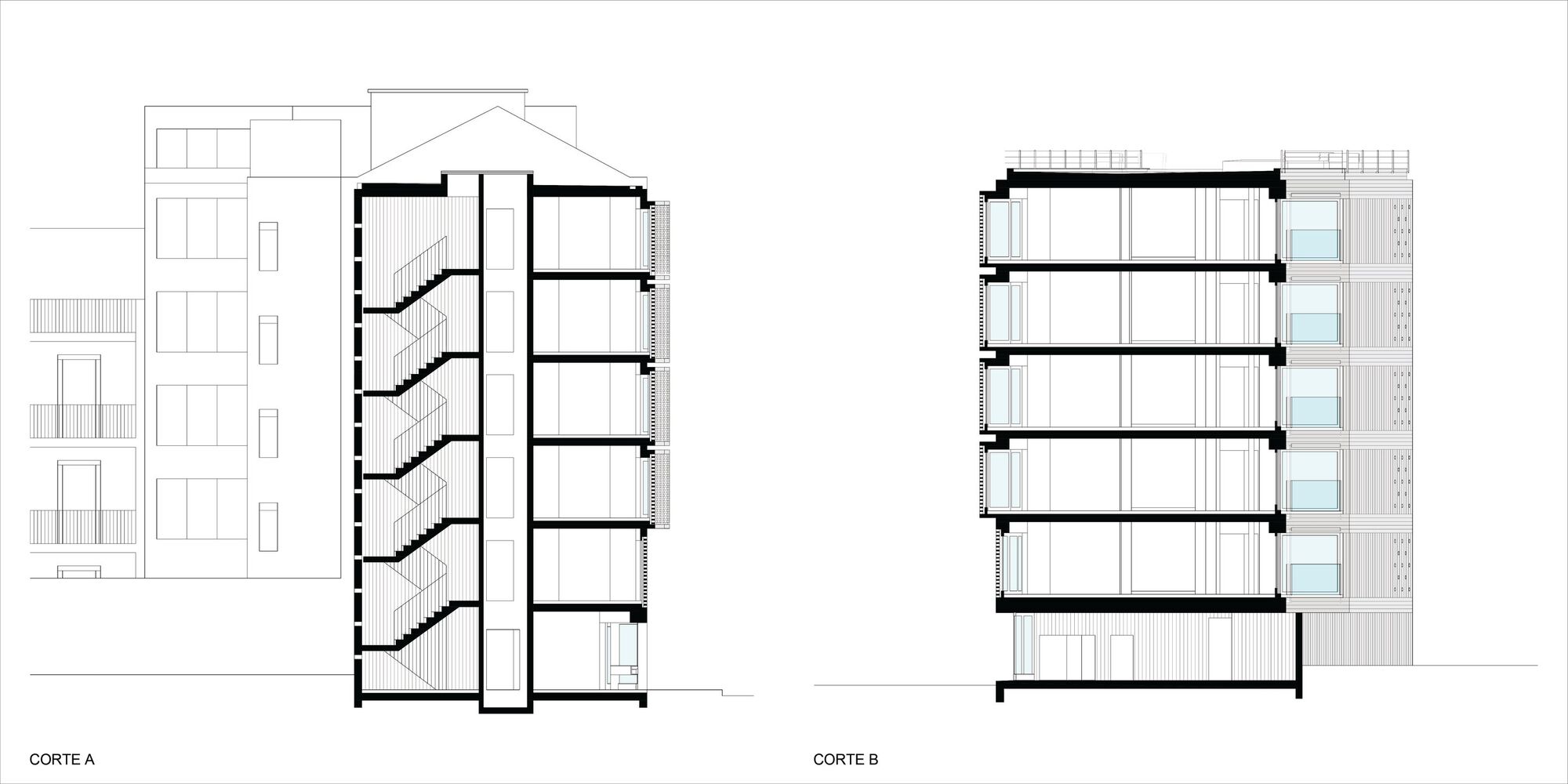 Section drawings revealing the interior spatial organization with staggered balconies and adjacent context buildings
