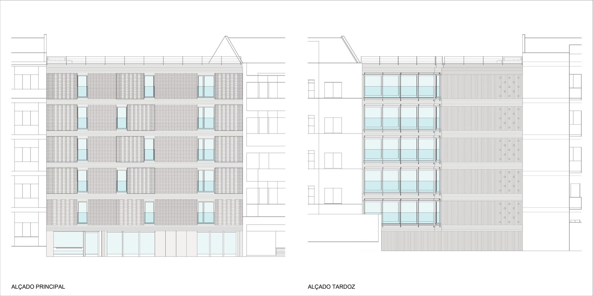 Elevation drawings showing facade treatments with vertical screening elements and glazed openings across multiple floors