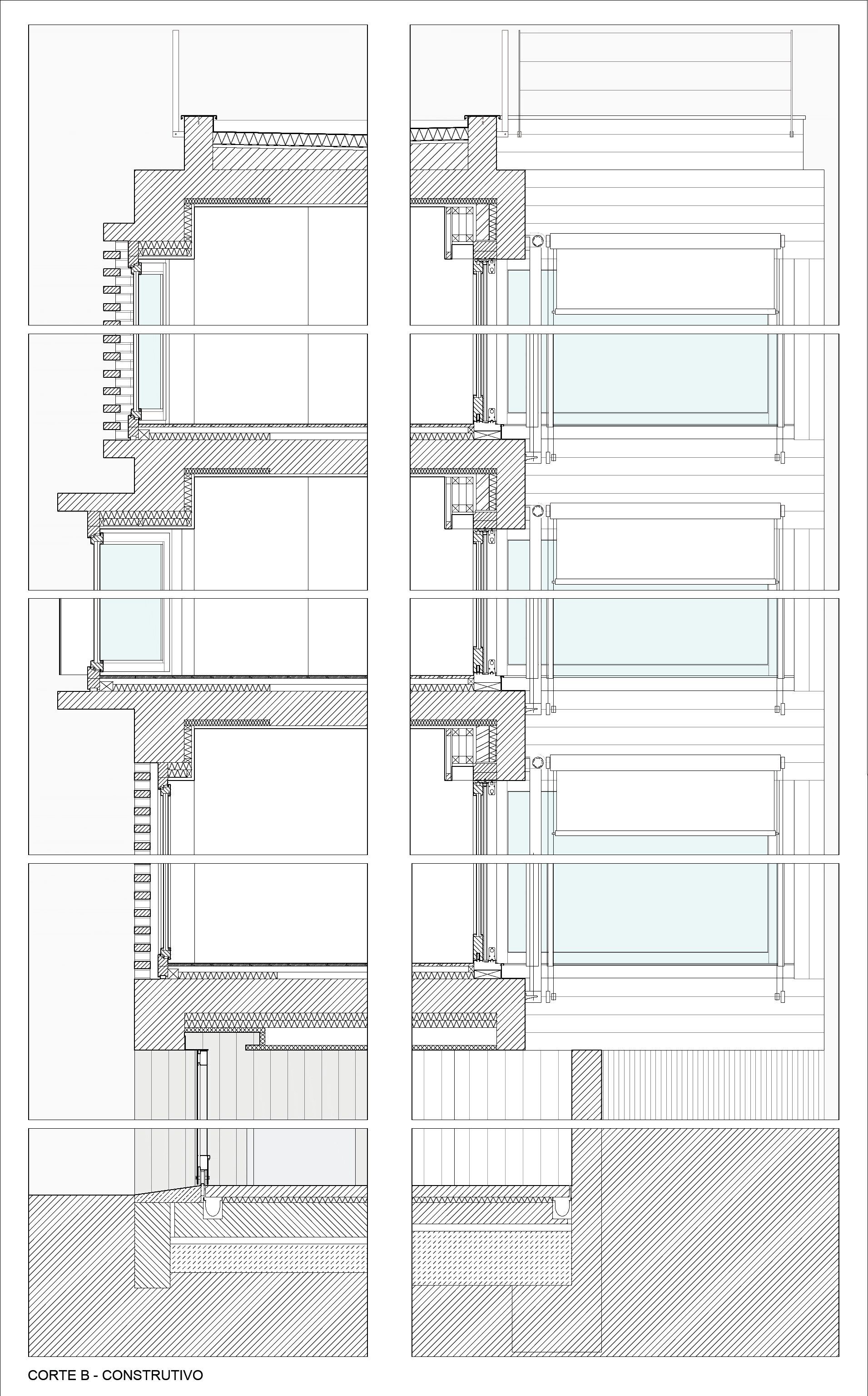 Construction detail section drawing illustrating facade assembly with floor slabs, glazing, and balcony railings