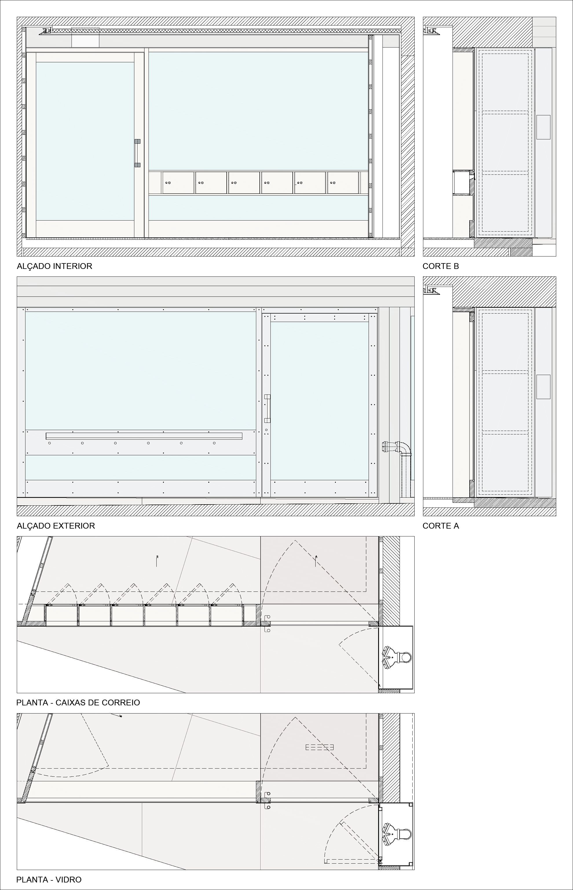 Construction detail drawings showing interior and exterior elevations of glazed partitions with sliding track systems