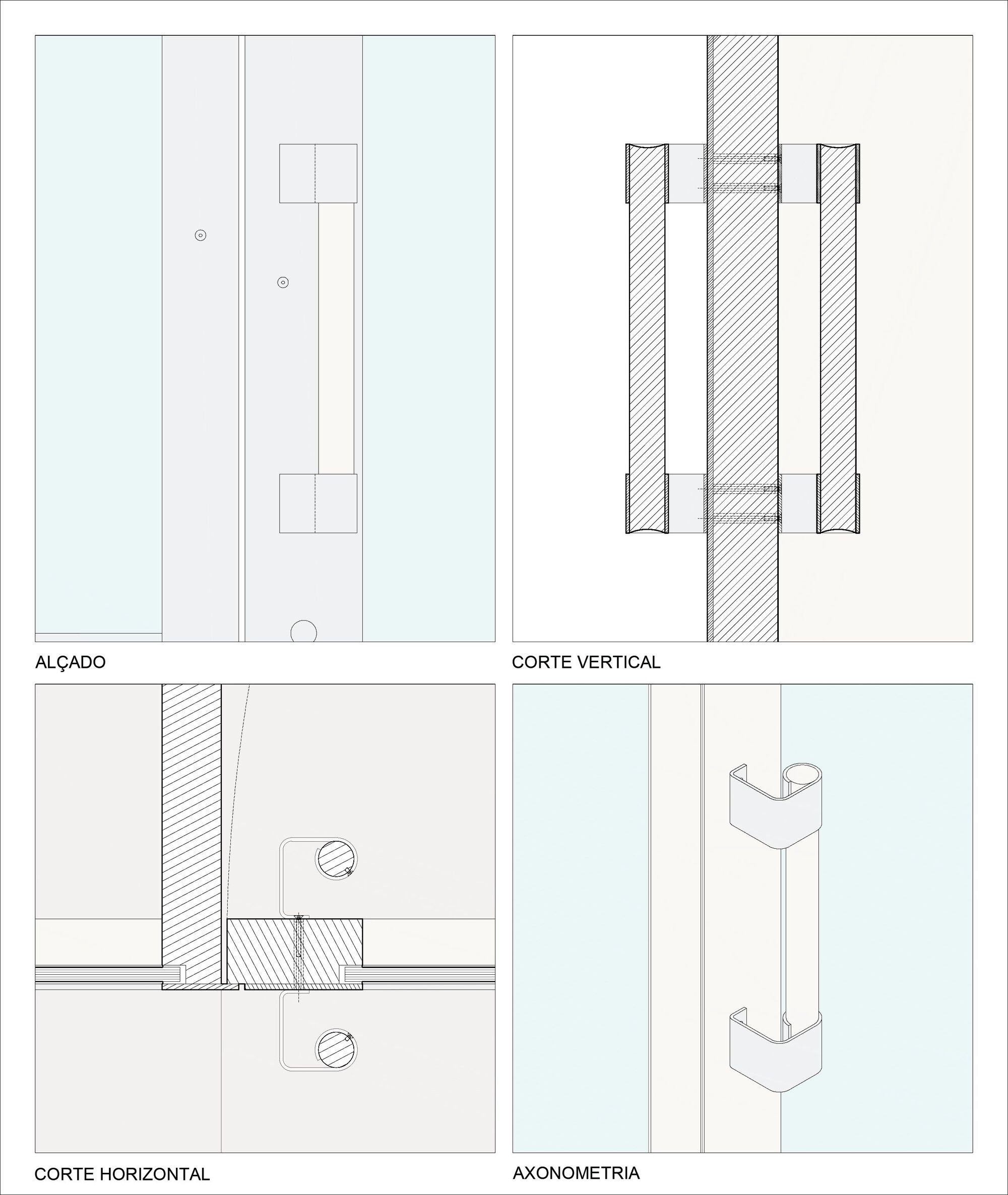 Four architectural drawings showing floor plan, vertical section, horizontal section and axonometric of a multi-story building