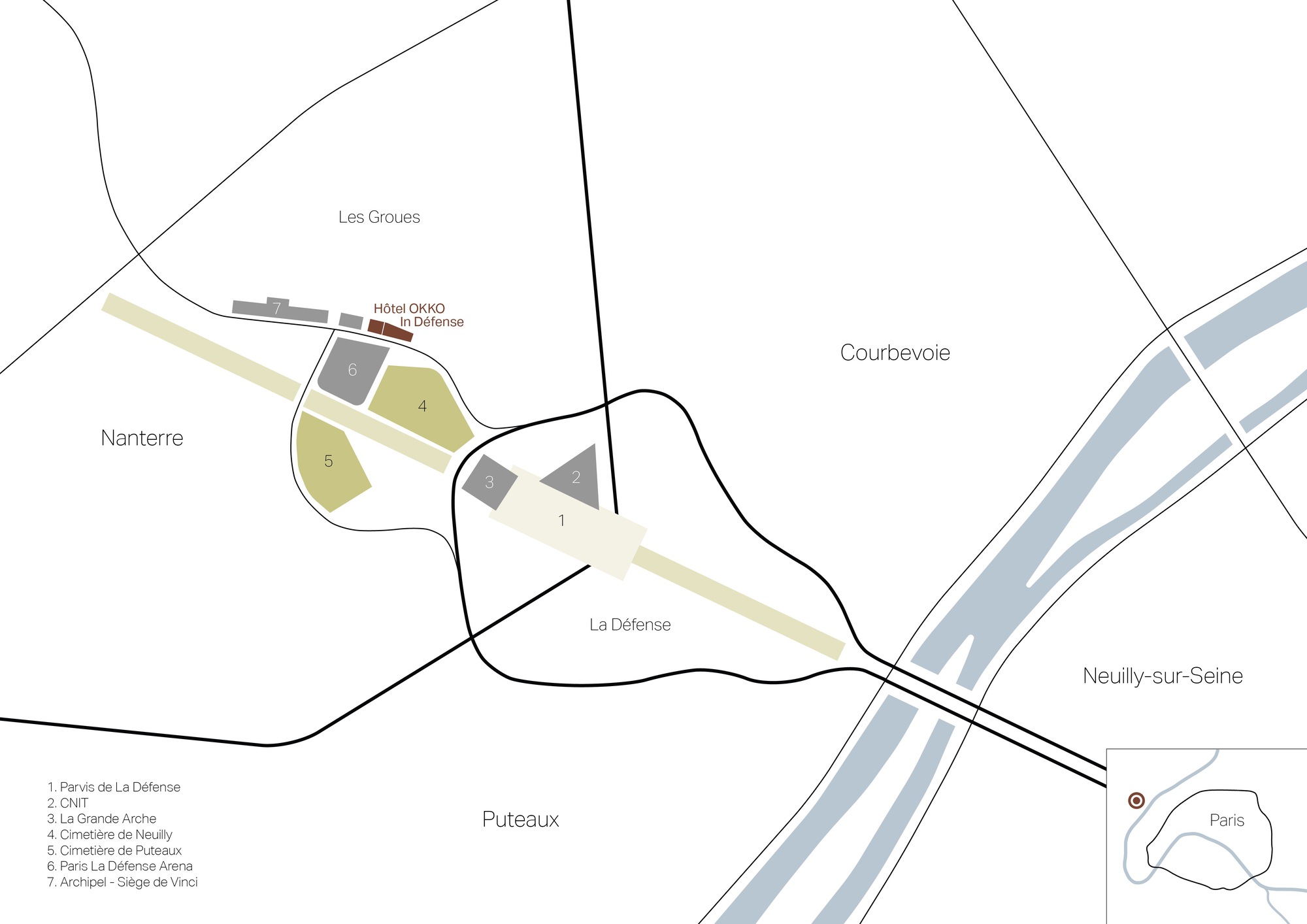 Site plan drawing showing multiple building zones along a river with roads and surrounding districts