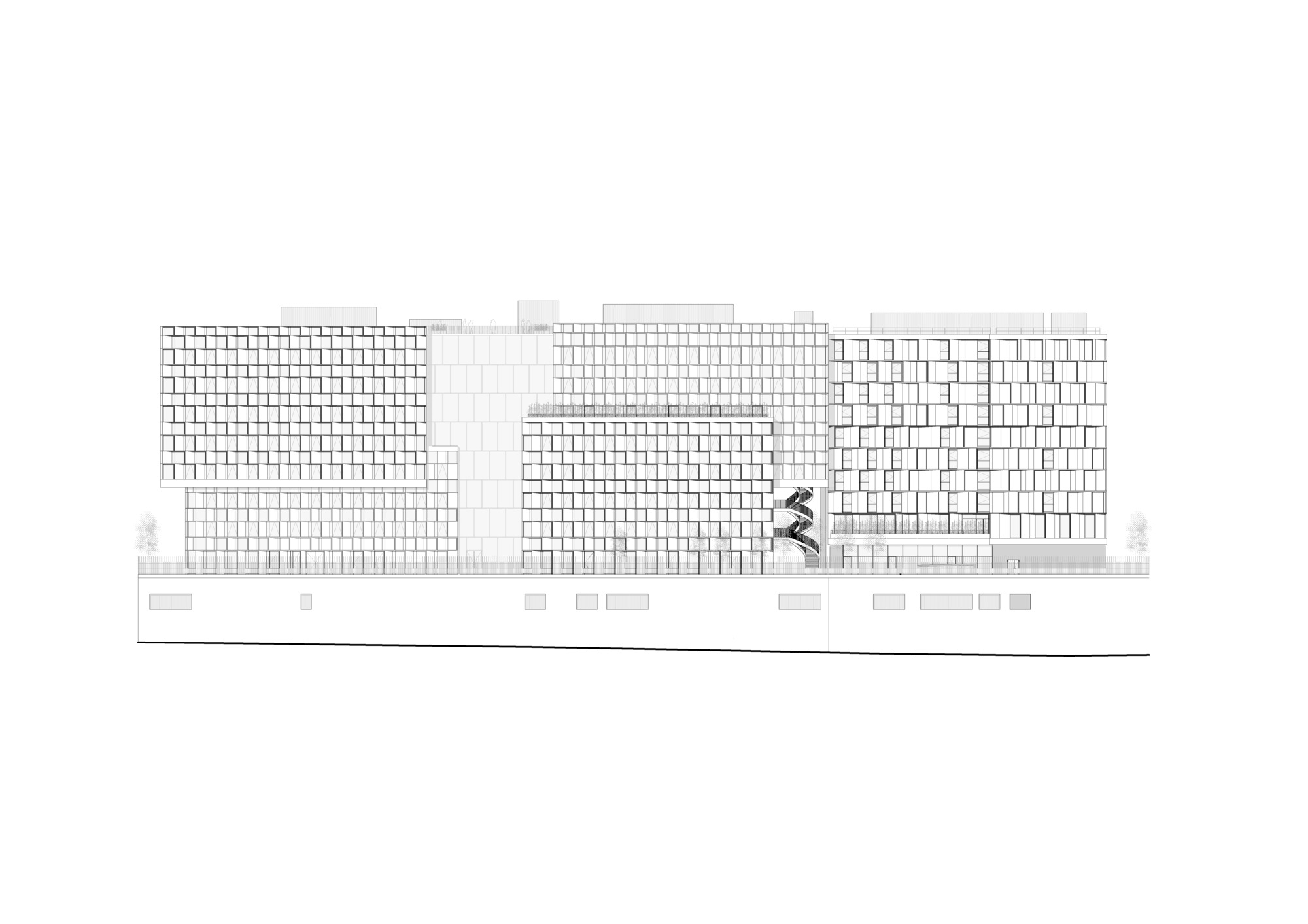 Elevation drawing showing gridded facades with recessed balconies and a figure in motion
