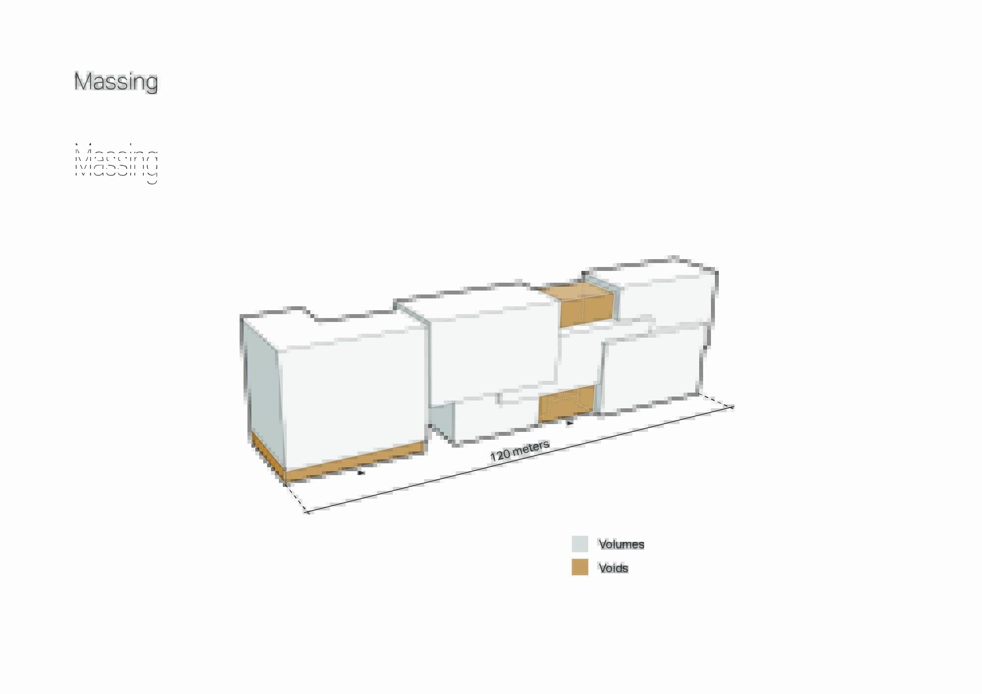 Axonometric diagram showing white building volumes with tan void spaces spanning 120 meters