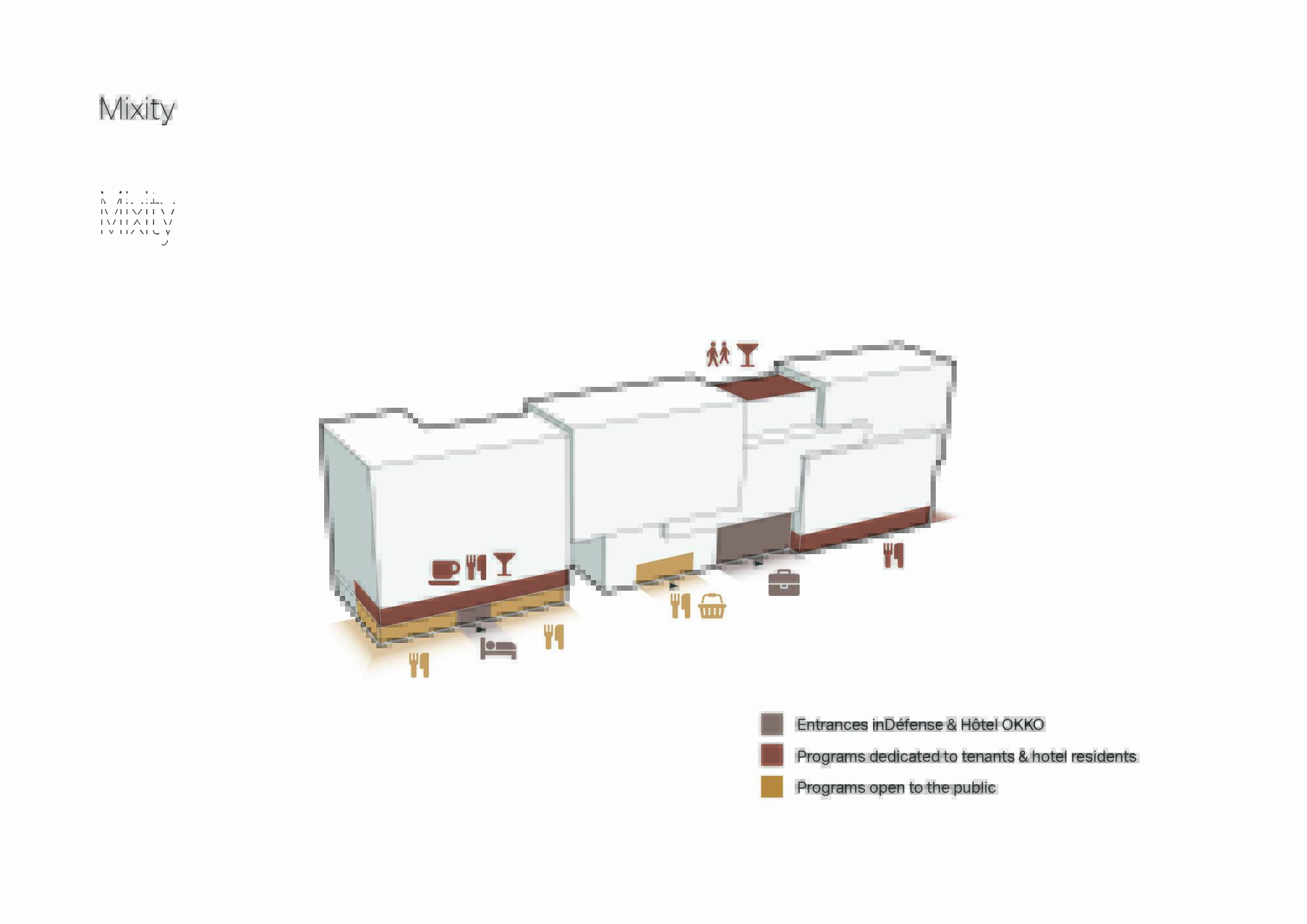 Axonometric diagram showing mixed-use program distribution with public spaces and private entrances marked by figures