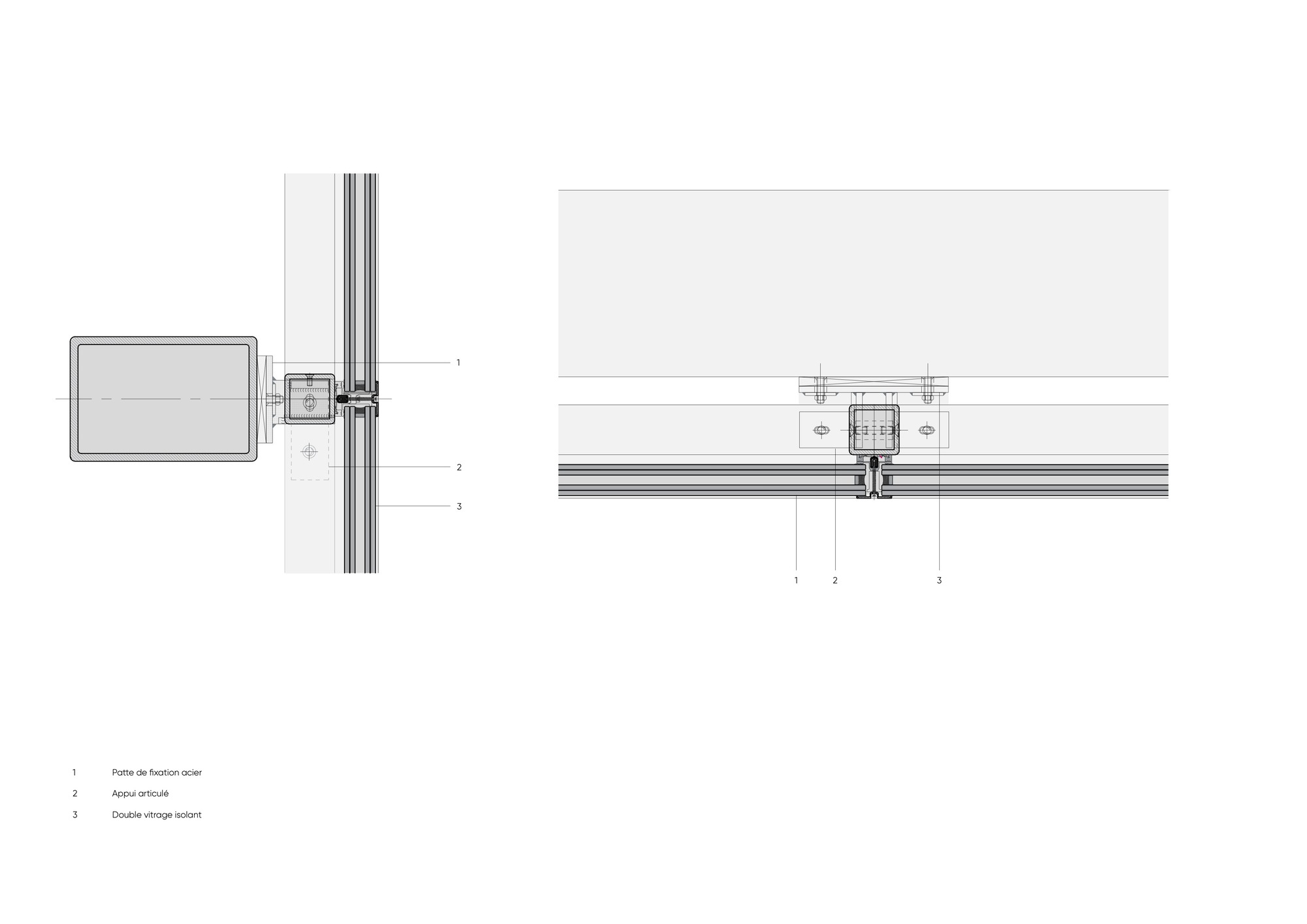 Plan and section drawings detailing curtain wall mullion connections with glass fixing points