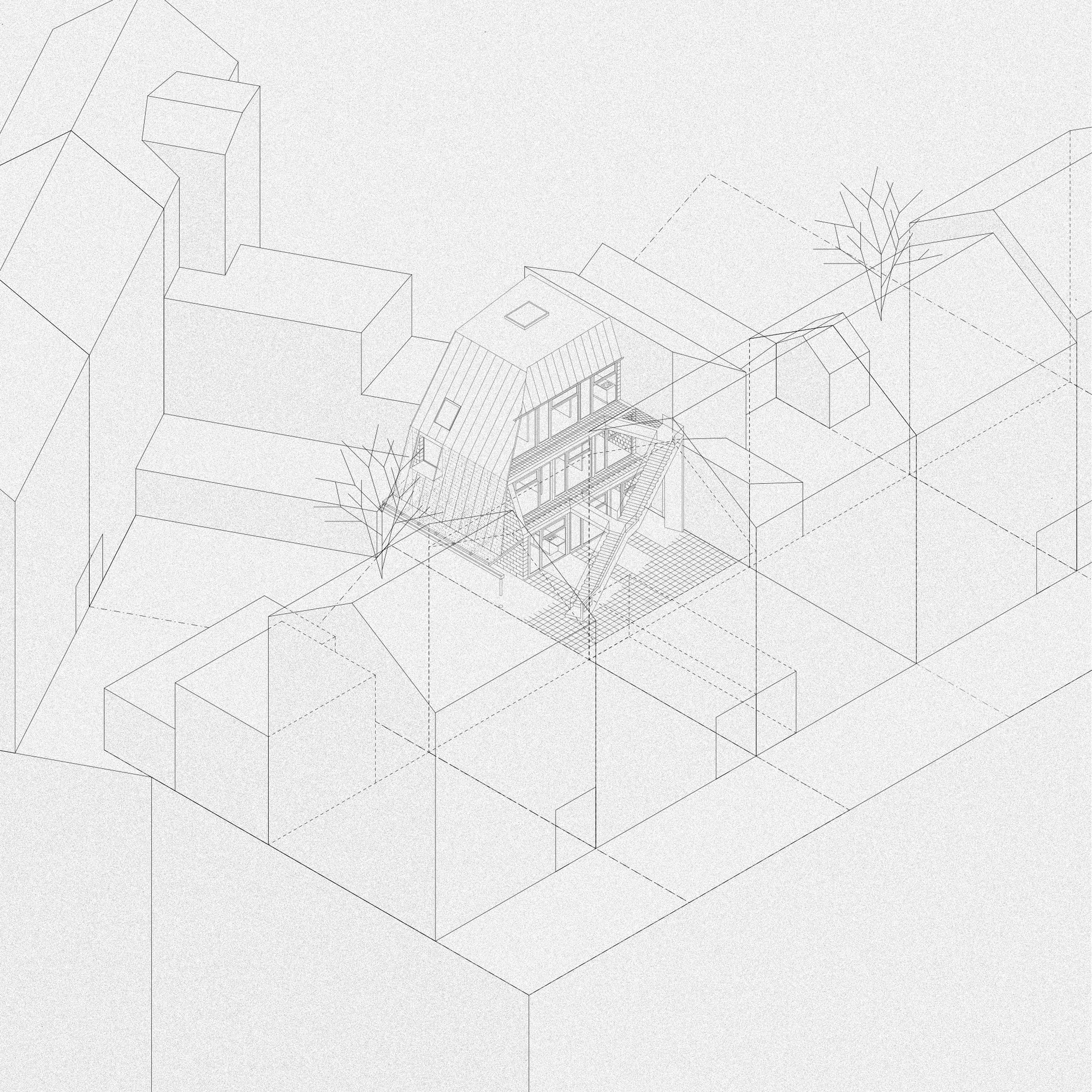 Axonometric drawing showing a gridded courtyard structure embedded within surrounding urban volumes with adjacent trees