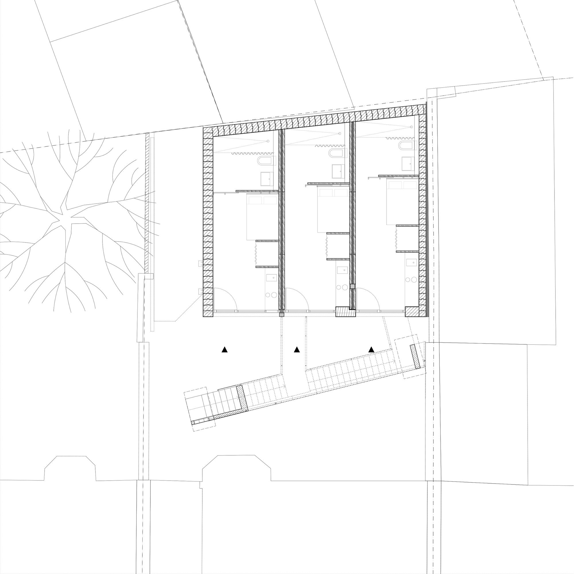 Ground floor plan drawing showing three parallel rooms with a diagonal staircase element and street trees