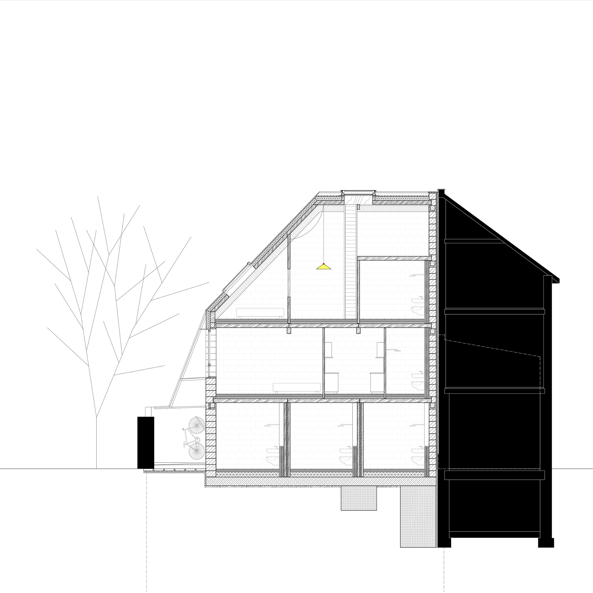 Section drawing showing a three-storey dwelling with pitched roof and adjacent bare tree in winter