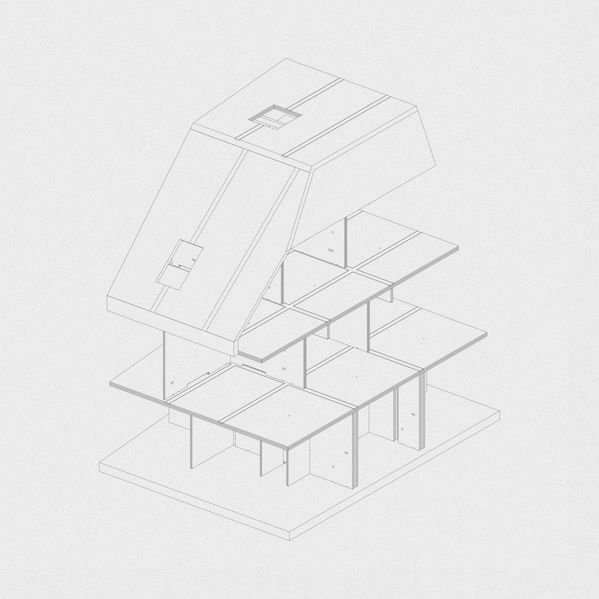 Exploded axonometric drawing separating the sloped roof envelope from the interior floor plates
