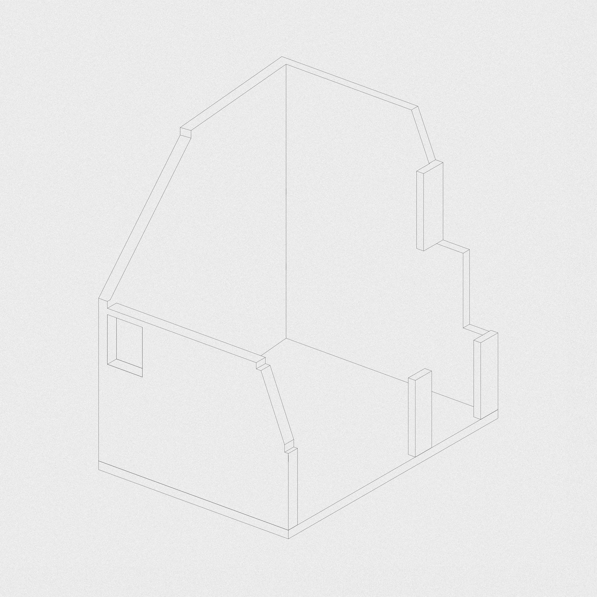 Isometric drawing showing the angled roofline and perimeter walls with a square window opening