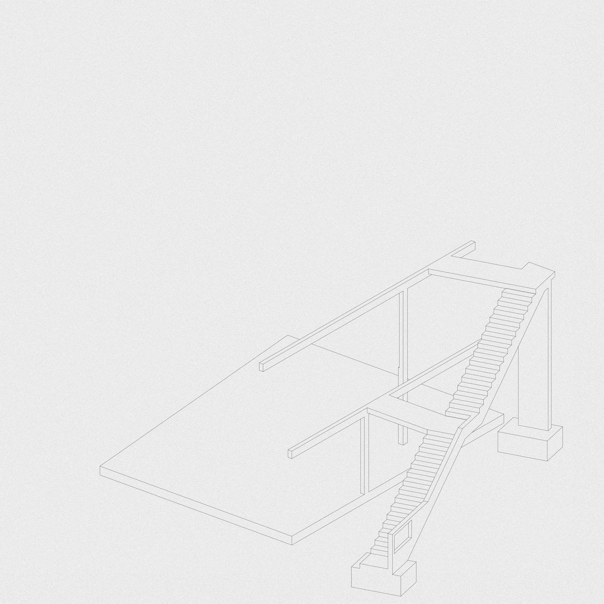 Axonometric section drawing showing the staircase connecting two levels with exposed structural columns