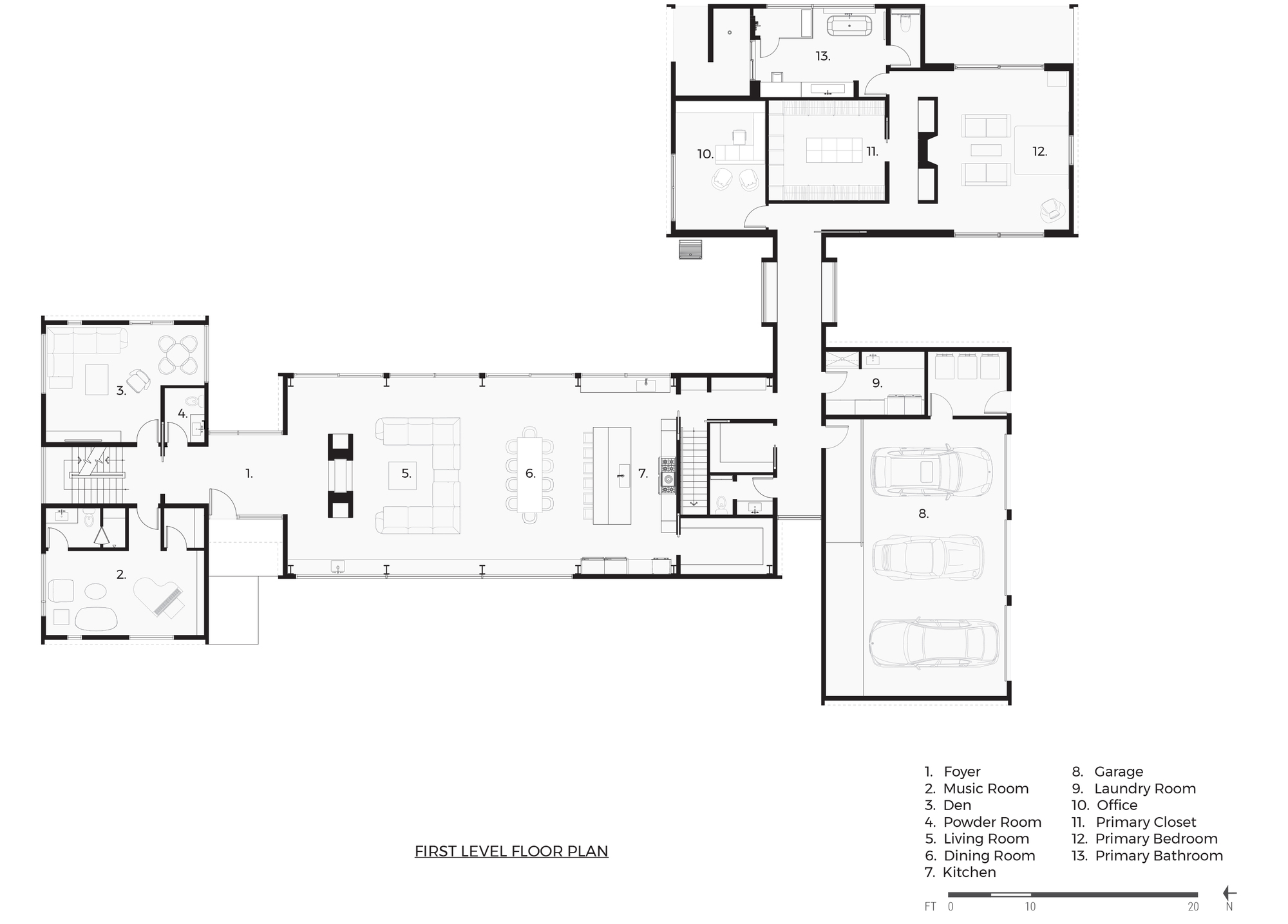 First level floor plan showing open living and dining areas with attached garage and study wing