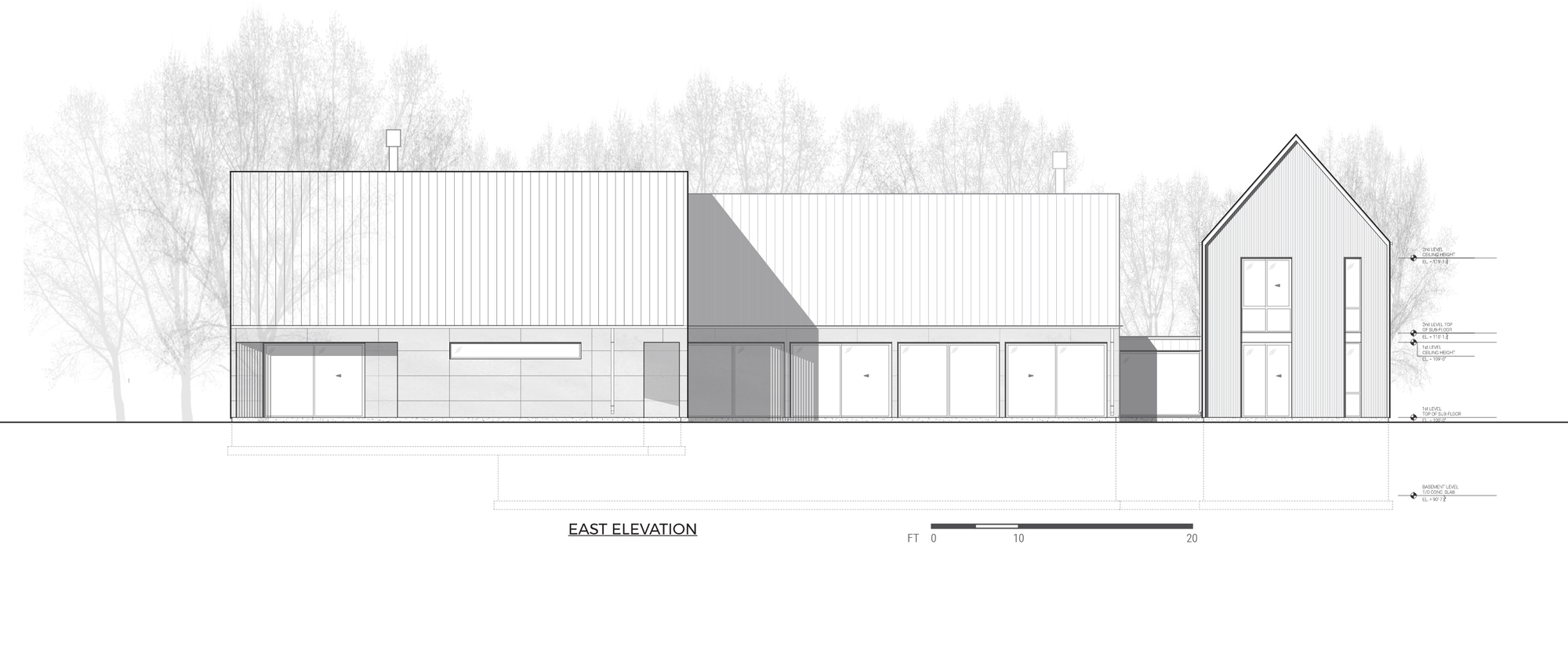 East elevation drawing showing horizontal volumes with gabled tower element and vertical cladding against background trees