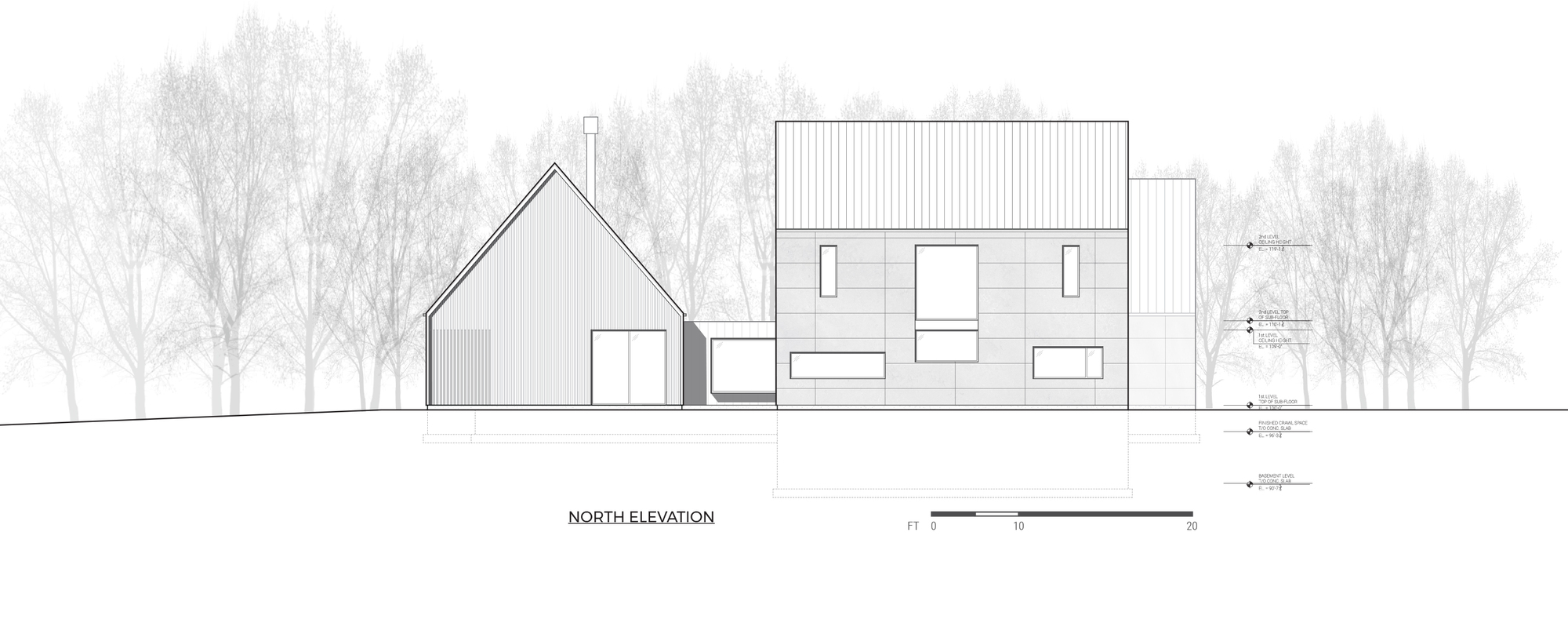 North elevation drawing showing stacked volumes with gabled studio and horizontal main block among bare winter trees