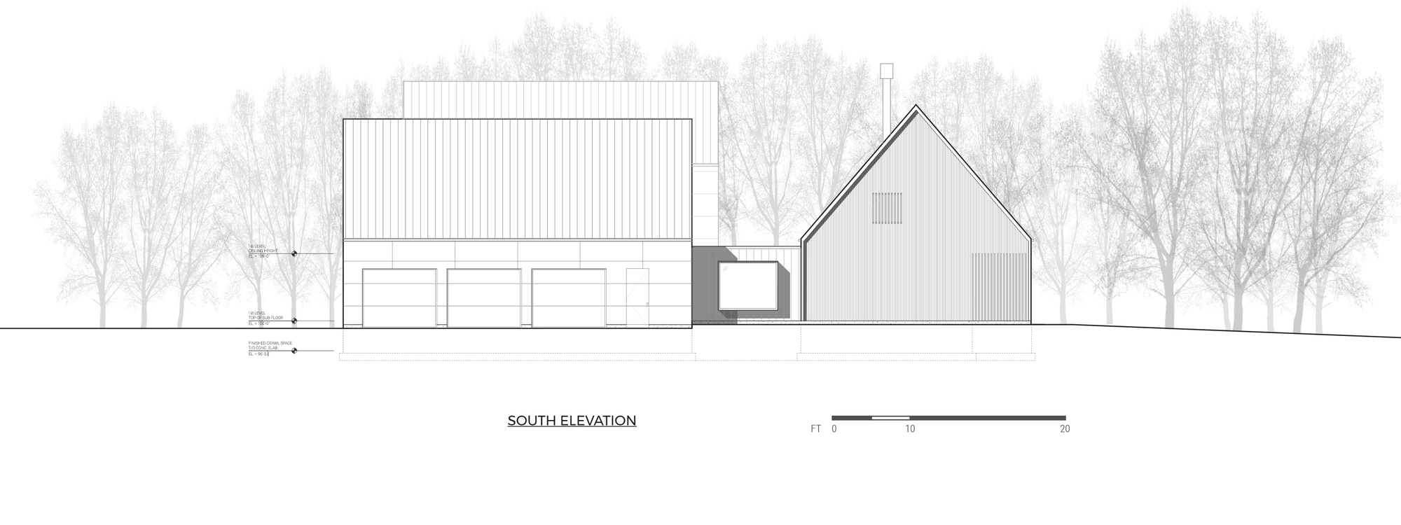 South elevation drawing showing garage block connected to smaller gabled volume with grove of trees behind