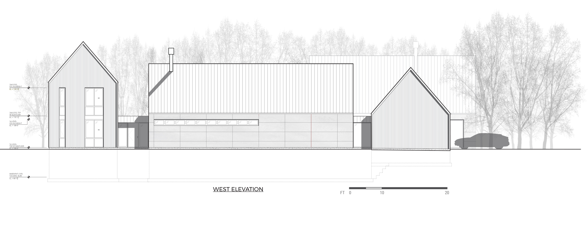 West elevation drawing showing two gabled volumes flanking a central rectilinear barn form with trees and a car
