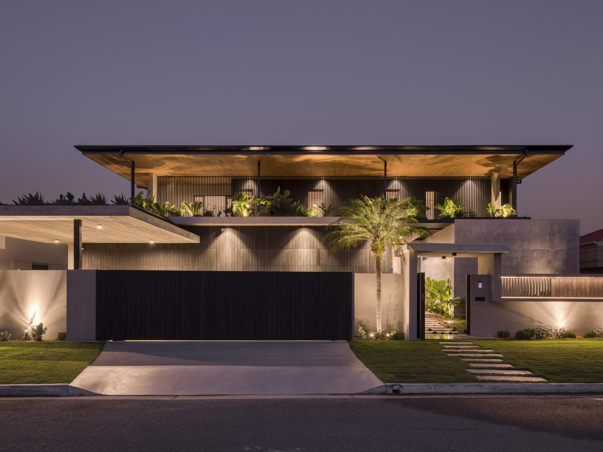 Street elevation showing flat roof overhang, vertical timber cladding and planted upper terrace at night