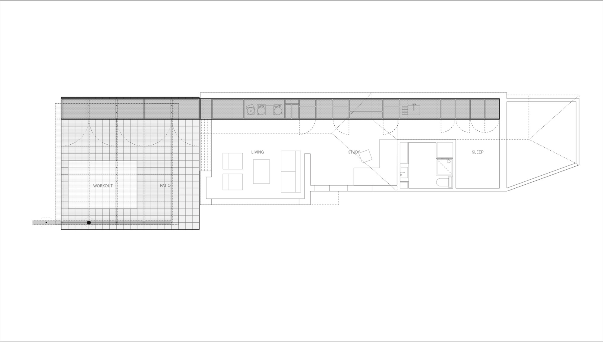 Floor plan drawing showing a linear layout with gridded courtyard and living spaces