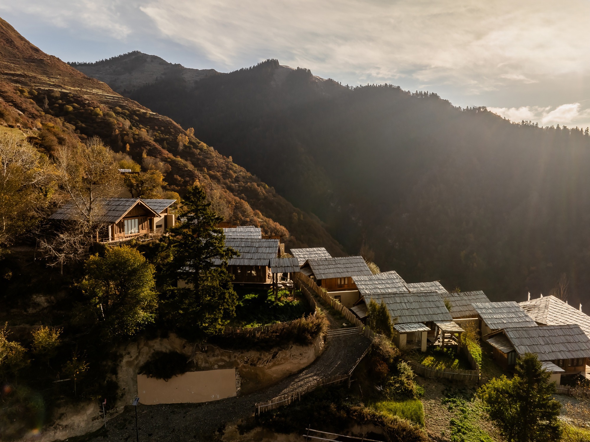 Cluster of shingle-roofed volumes terraced down a mountainside in morning light