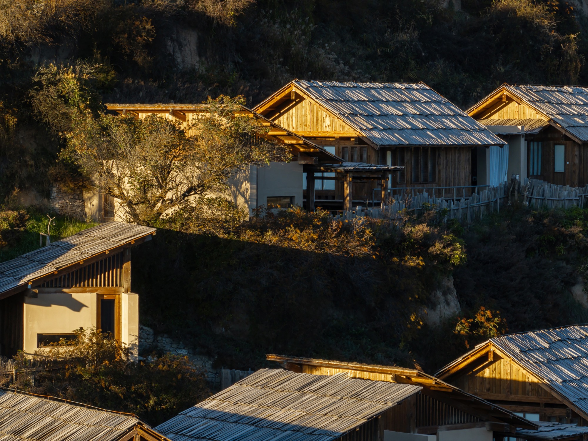 Gabled timber structures with weathered metal roofs scattered across terraced slopes in golden afternoon light
