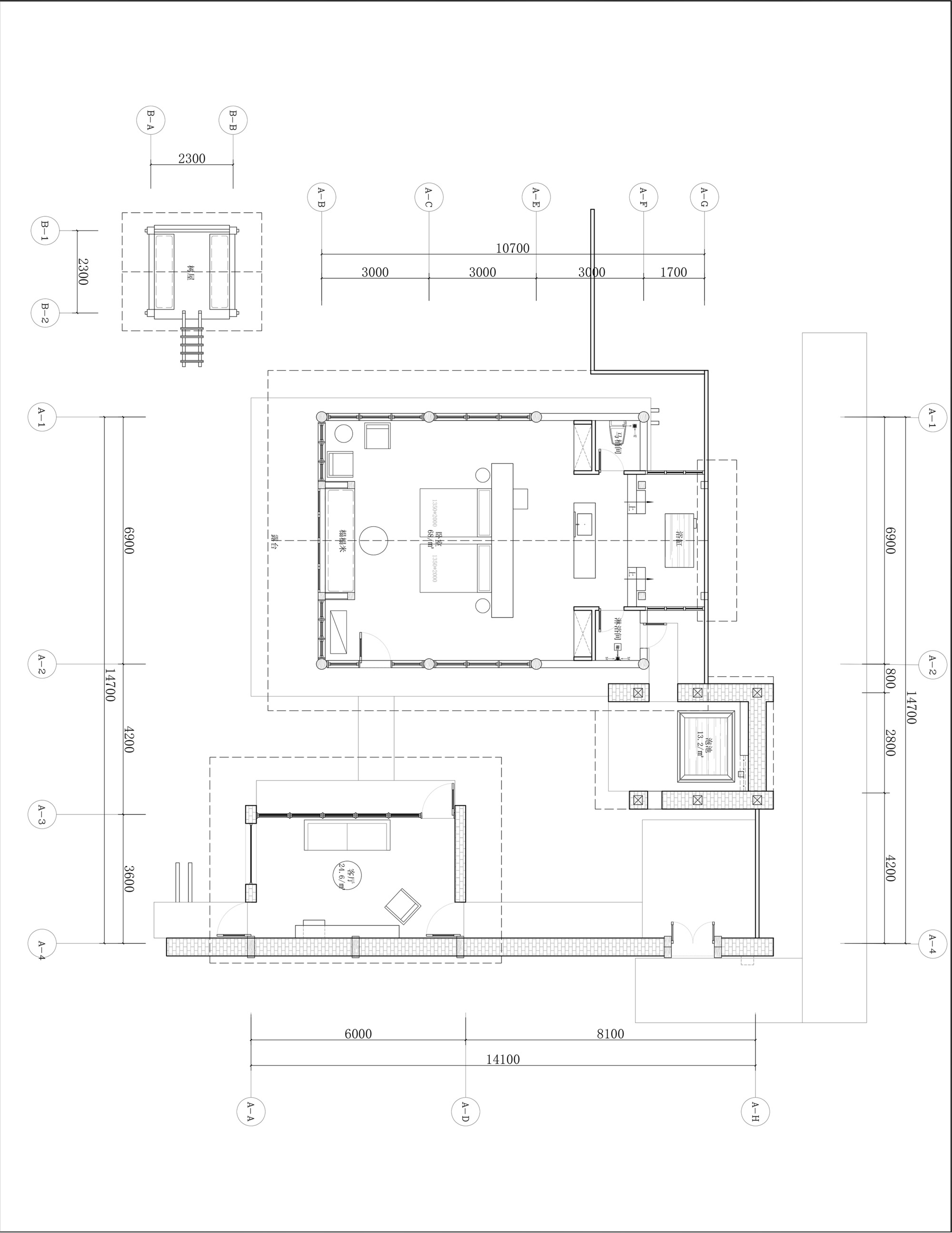 Floor plan showing main living pavilion with adjacent covered terrace and service wing