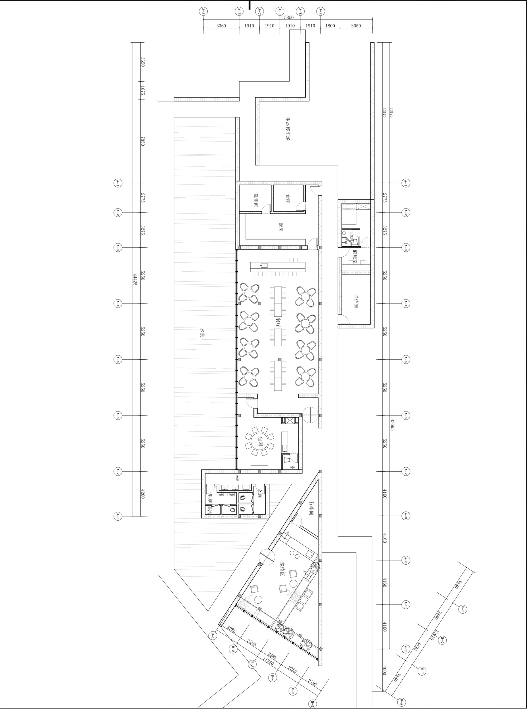 Floor plan showing elongated dining hall with rows of seating and angled wing extension