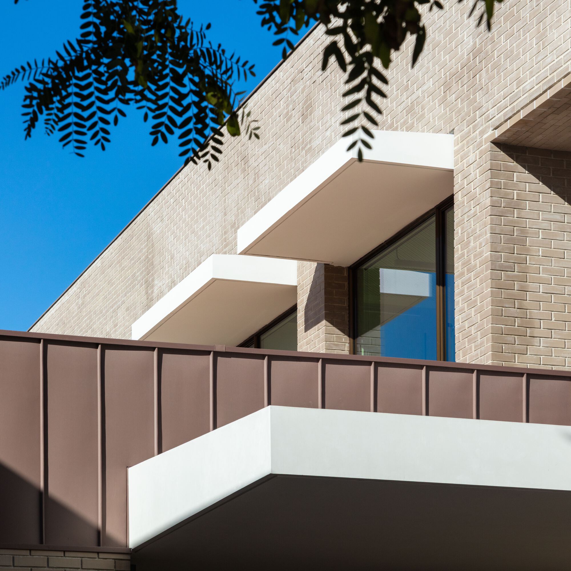 Corner detail showing stacked canopies and vertical metal cladding beneath tree foliage against blue sky