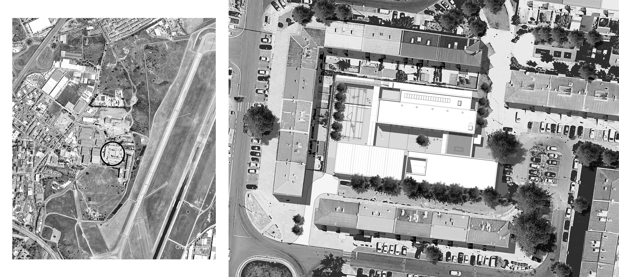 Aerial view showing the circular building footprint surrounded by parking lots and adjacent urban fabric