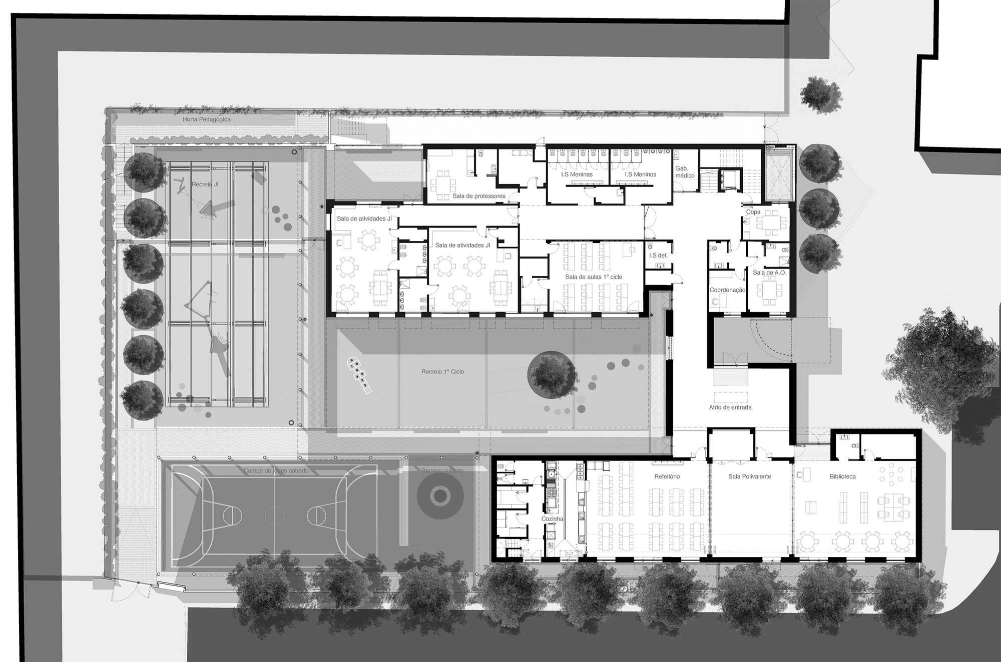 Site plan drawing showing classroom buildings organized around a central courtyard with basketball court and landscaped edges