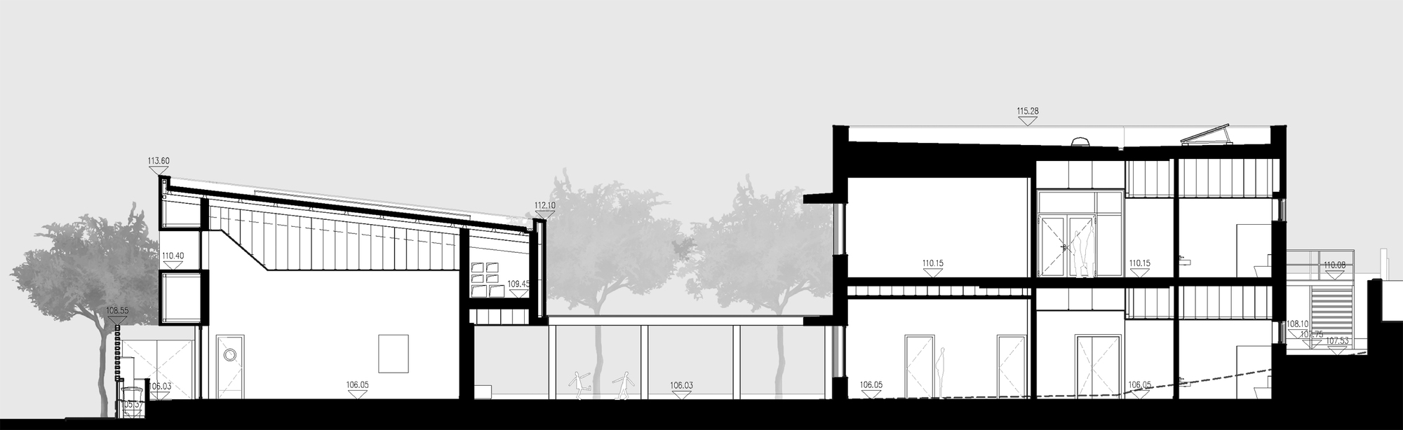 Section drawing showing sloped roof volumes connecting low and high wings with trees in context
