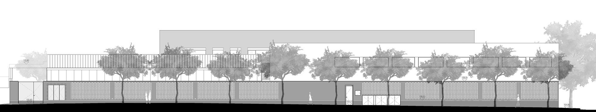 Elevation drawing showing horizontal canopy structure with row of trees planted along the facade